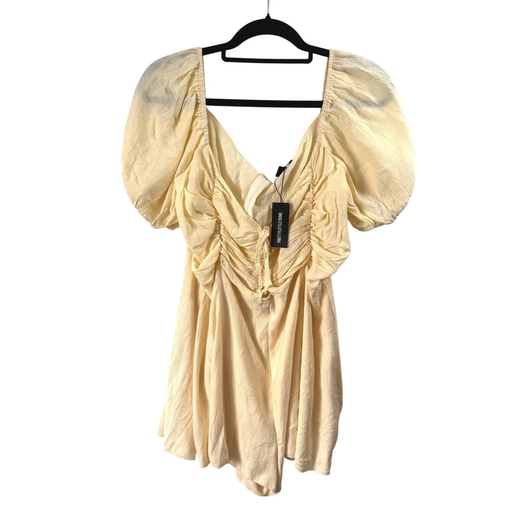 PrettyLittleThing Romper Ruched Milkmaid 14 Yellow Womens Plus Size Summer Boho